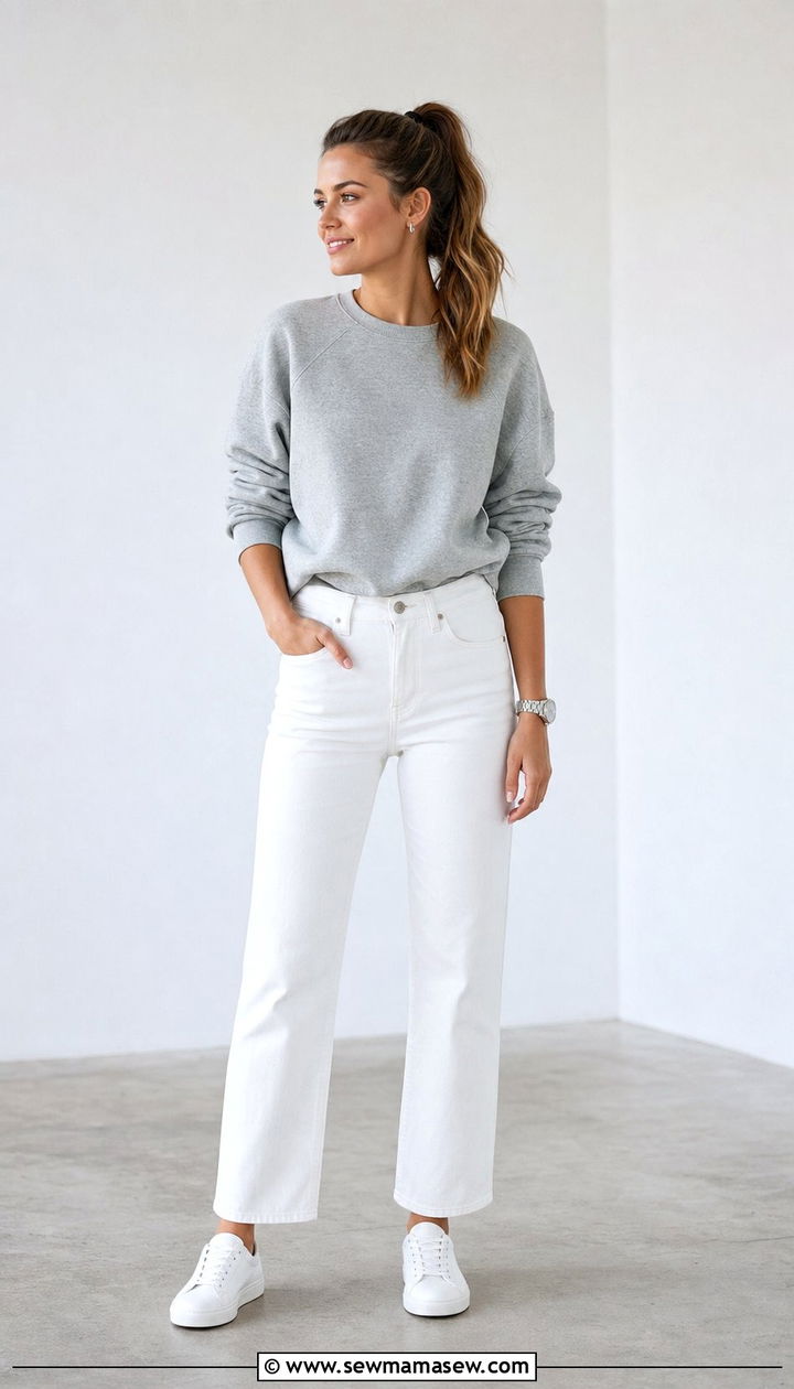 Grey marle sweatshirt and crisp white jeans - 25 cute clean girl outfits