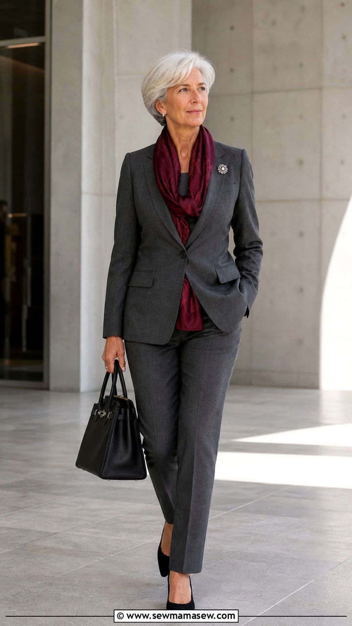 Grey monochrome suit with burgundy scarf - 20 Christine Lagarde style outfit ideas