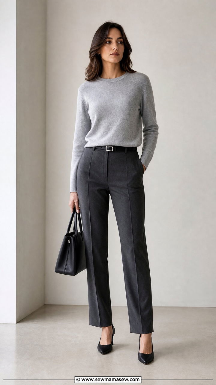 Grey monochrome sweater and trousers funeral outfit - 40 Funeral outfit ideas