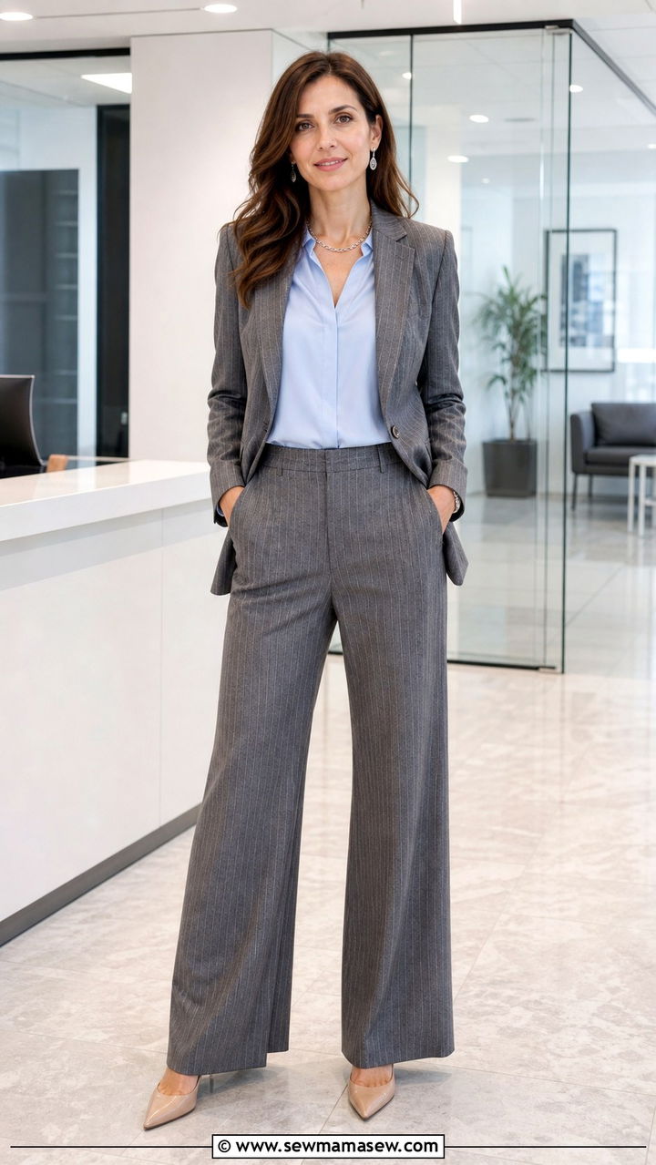 Grey pinstripe suit with powder blue blouse - 40 Business trip outfit ideas
