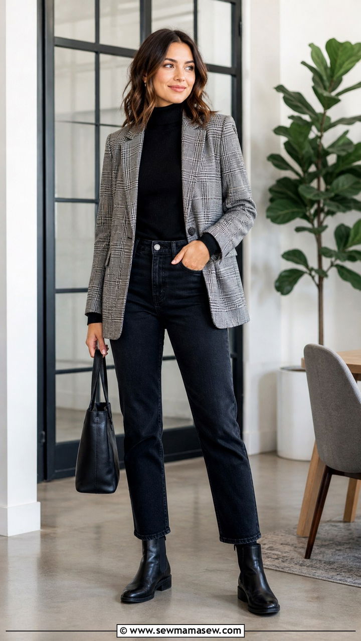 Grey plaid blazer with dark jeans - 30 Office outfits with blazer