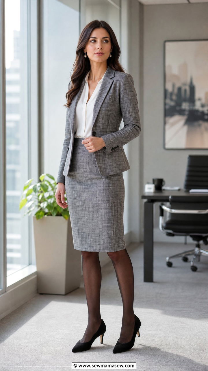 Grey plaid skirt suit - 35 job interview outfit ideas for women
