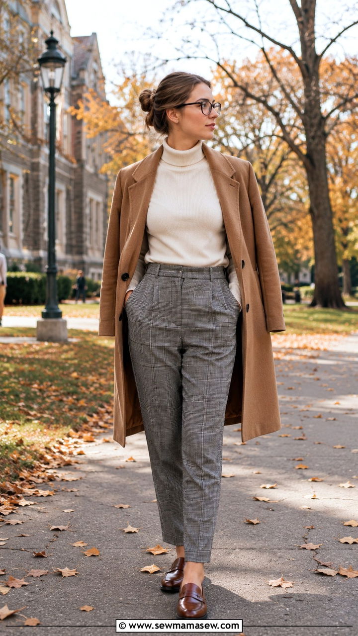 Grey plaid trousers and white turtleneck outfit - 30 librarian core outfits for women