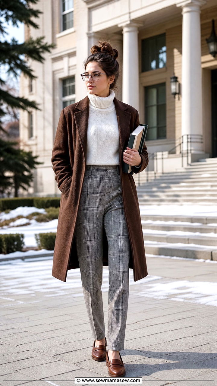 Grey plaid trousers with a white turtleneck and brown wool coat - 35 Librarian outfit ideas for work