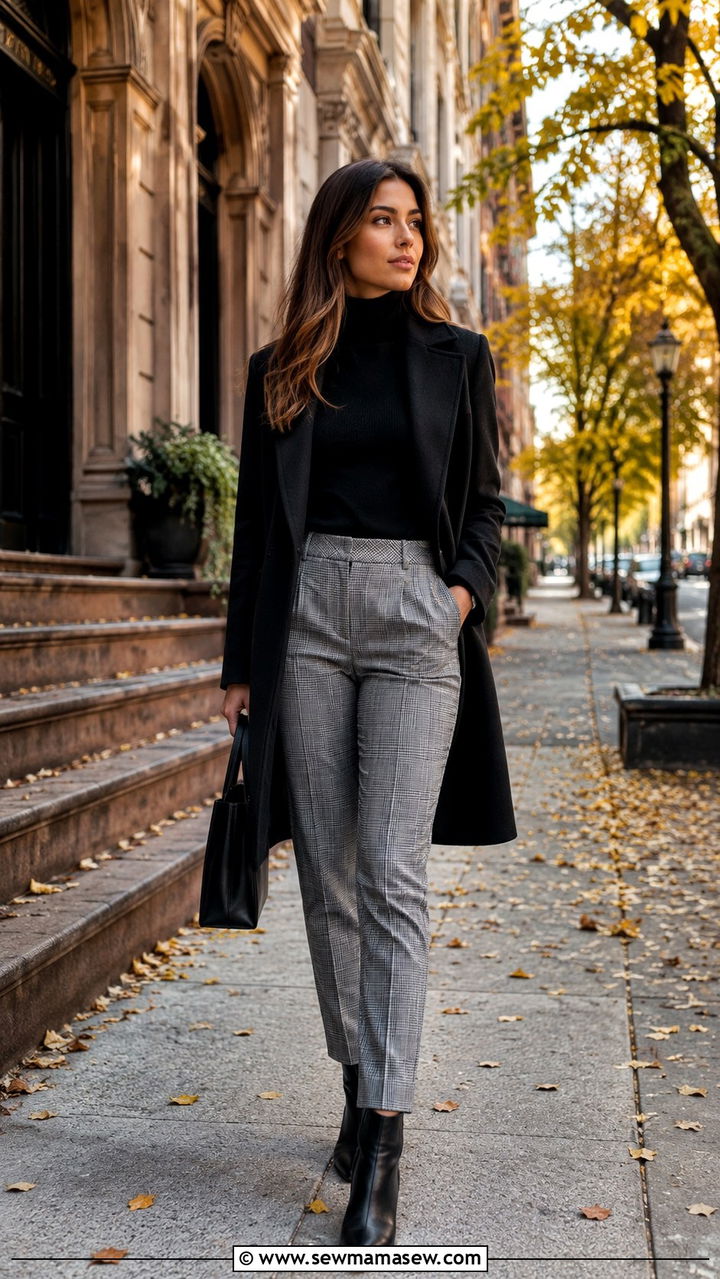 Grey plaid trousers with black turtleneck and ankle boots - 30 Legal intern outfit ideas