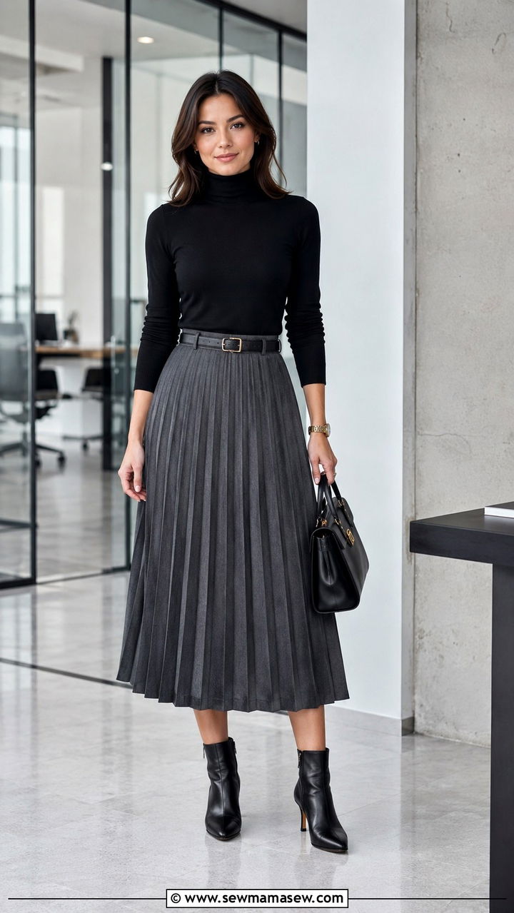 Grey pleated midi skirt with a fitted black turtleneck and sleek ankle boots - 25 Petite work outfit ideas with skirt