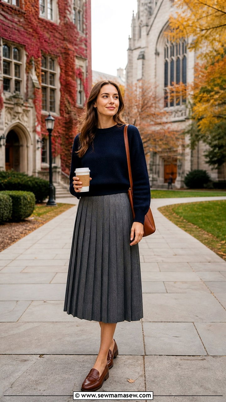 Grey pleated skirt with navy sweater - 40 What to wear in Chicago