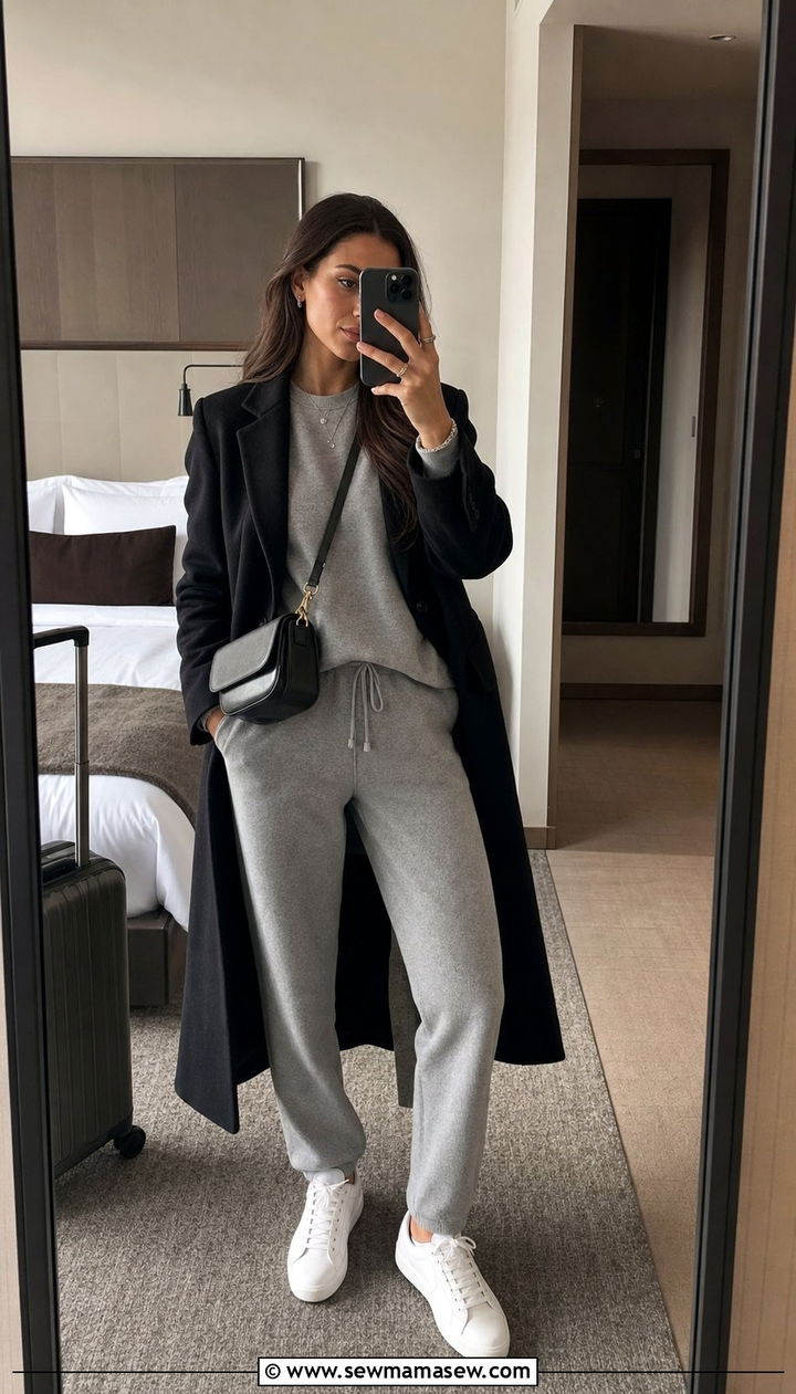 Grey sweatshirt with matching tailored joggers - 35 Airport outfit ideas quiet luxury