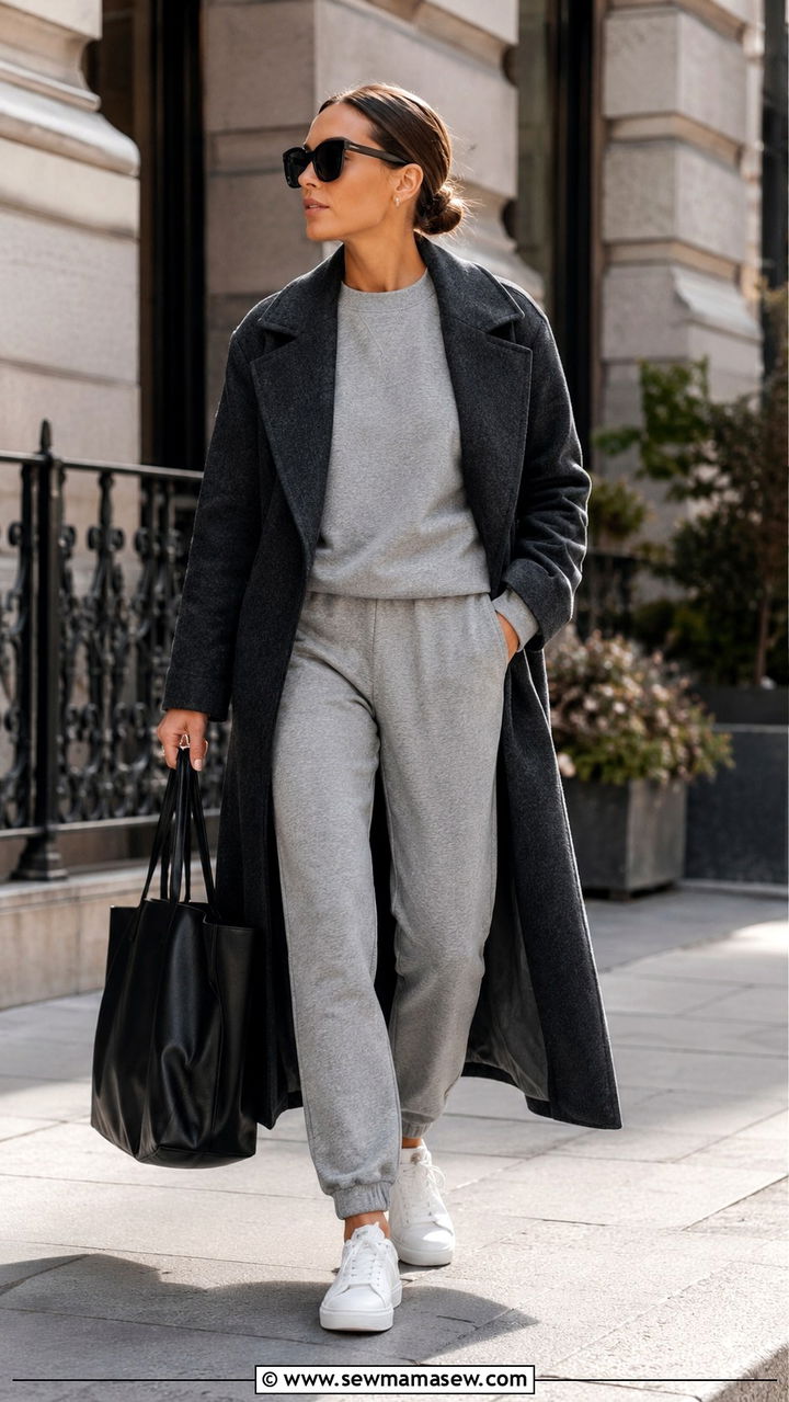 Grey sweatsuit with long wool coat - 30 minimalist outfits for women