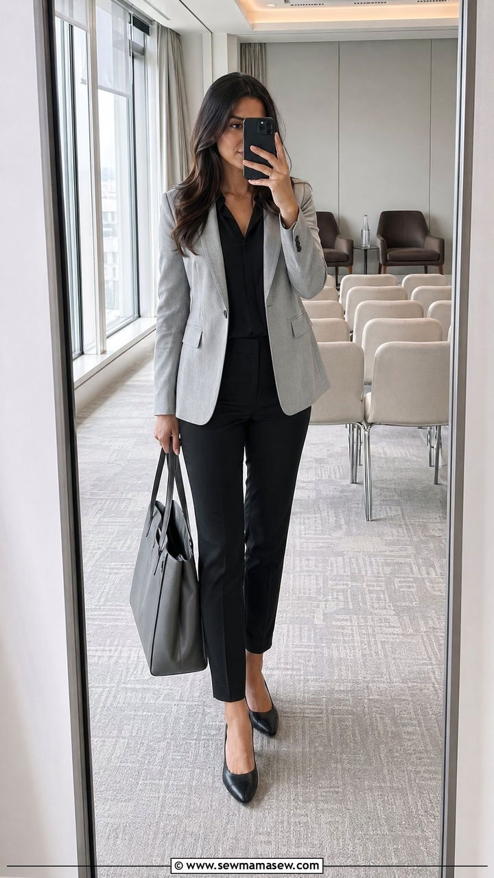 Grey tailored blazer and black slim trousers outfit - 35 Conference outfit ideas for women