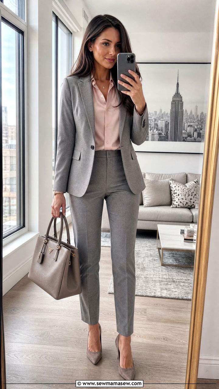 Grey tailored suit with silk blouse outfit - 30 Management consultant outfit ideas