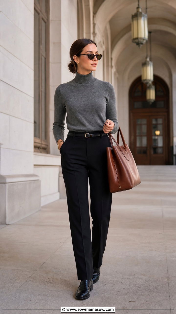 Grey turtleneck and black suit pants librarian outfit - 25 librarian core outfits to copy