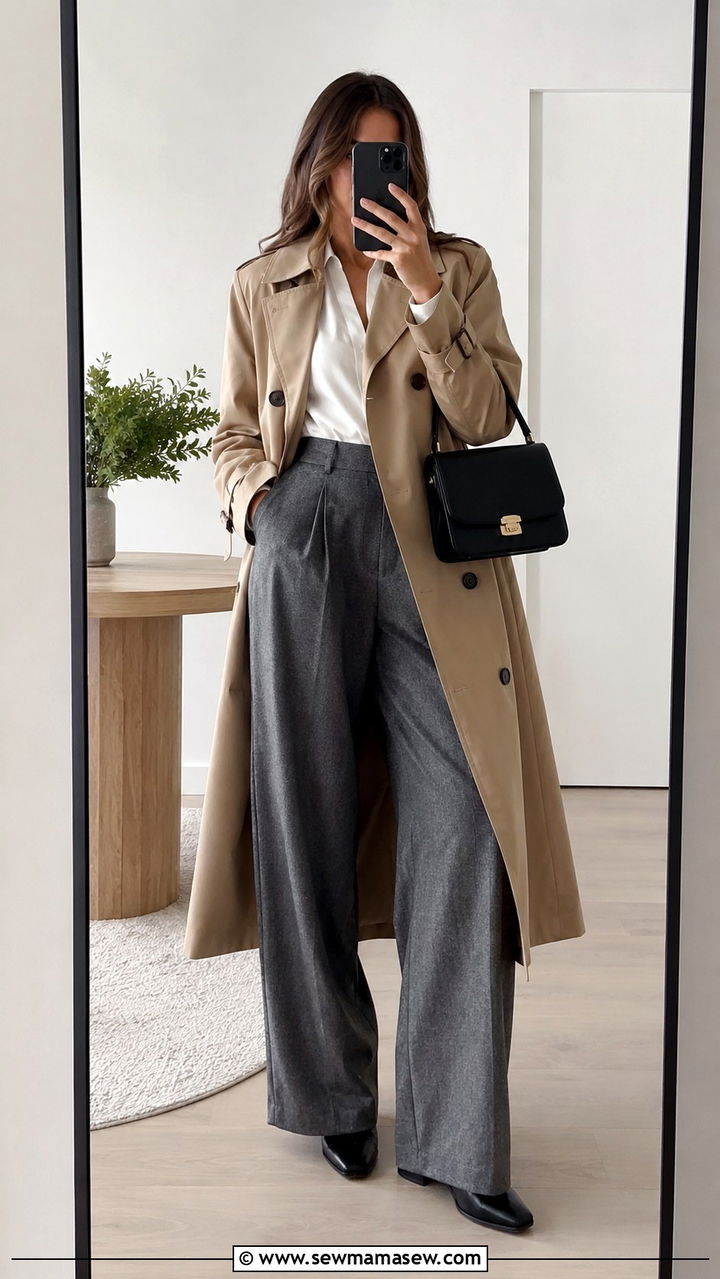 Grey wide leg pants with a tan trench coat - 25 Wide leg pants outfit ideas with a trench coat