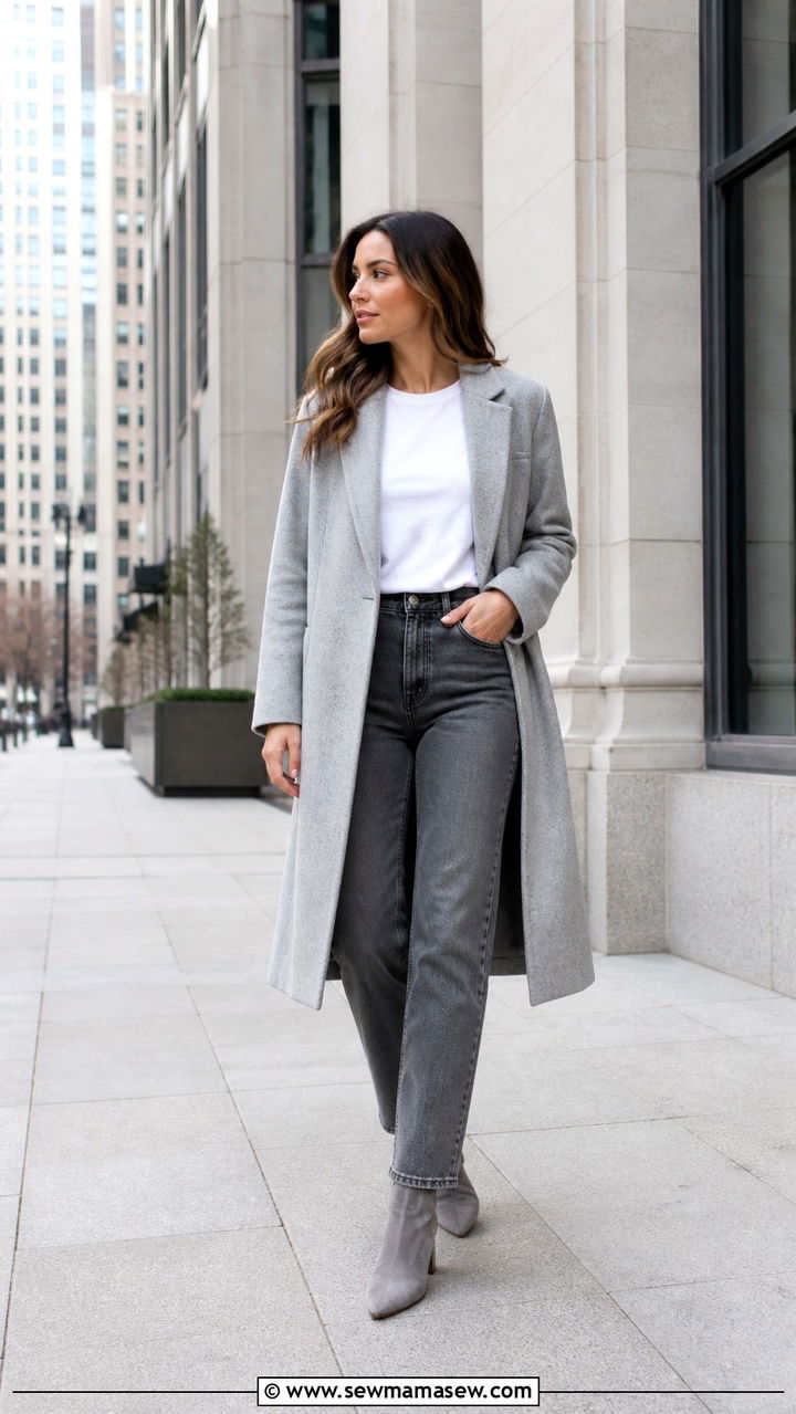 Grey wool coat with grey jeans and white top - 40 What to wear in Chicago