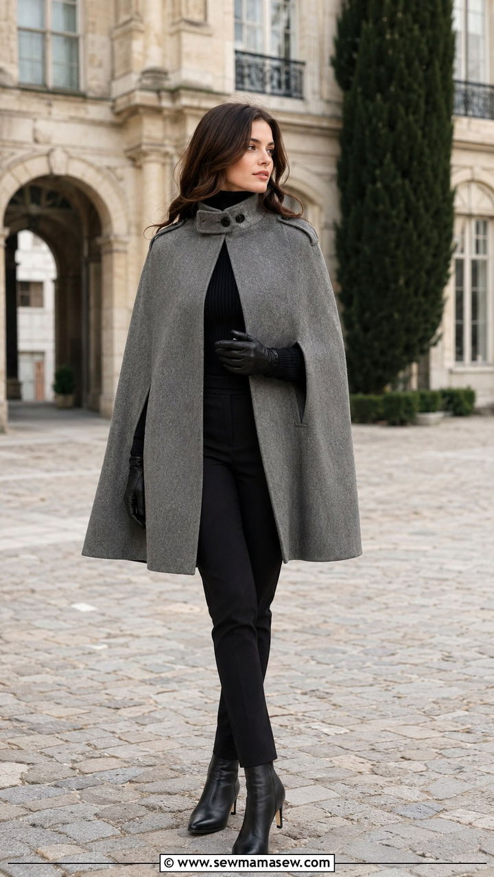Grey wool riding cape with black trousers and heeled boots - 25 Old money outfit ideas with equestrian style