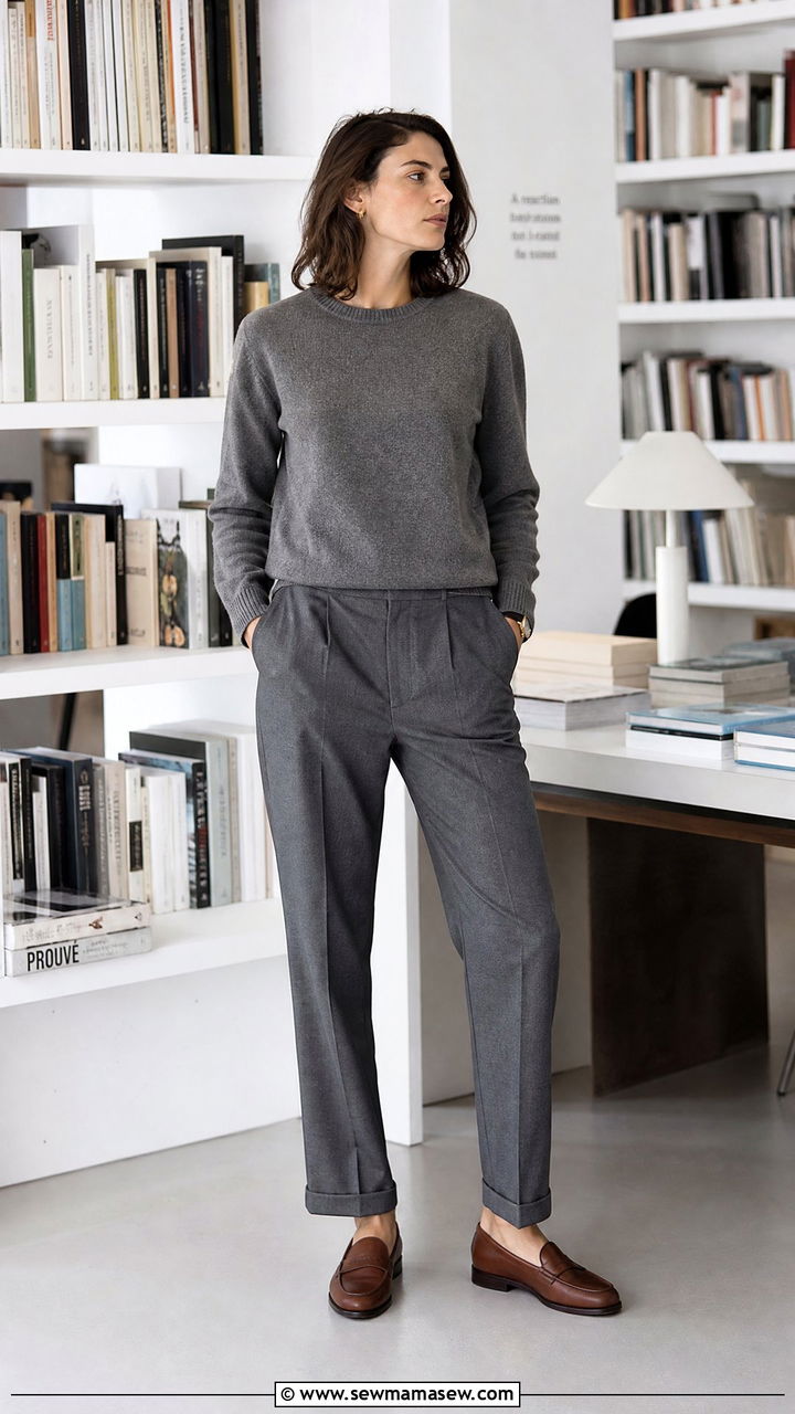 Grey wool sweater with grey suit pants and brown loafers - 35 Librarian outfit ideas for work