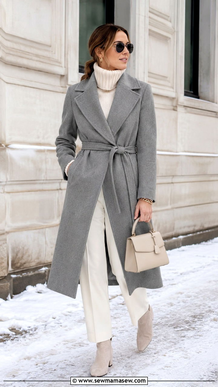 Grey wool wrap coat over all cream outfit - 30 quiet luxury capsule wardrobe outfits