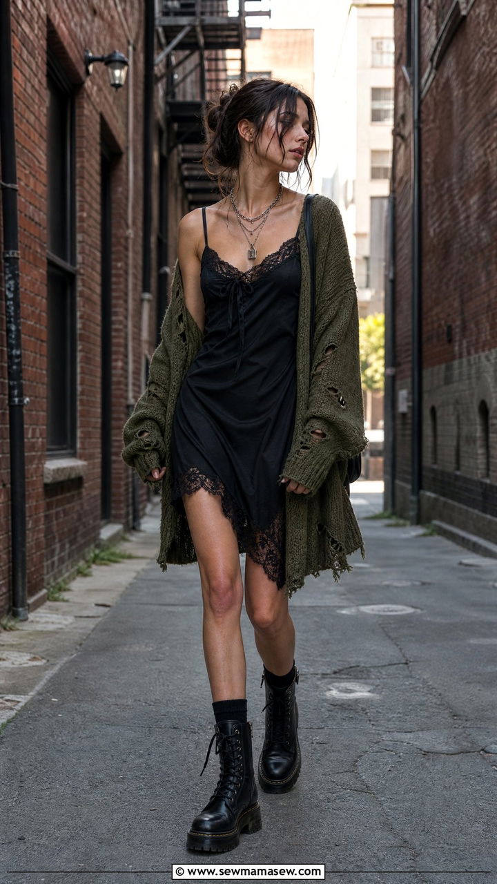 Grunge Fairycore Slip Dress and Combat Boots - 30 fairycore outfits for women