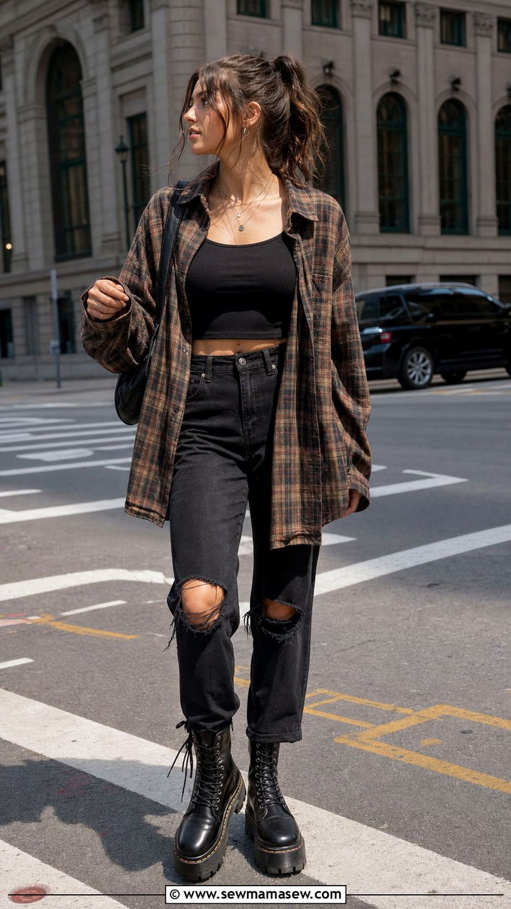 Grunge Flannel Outfit with Ripped Jeans and Combat Boots - 25 edgy capsule wardrobe outfits