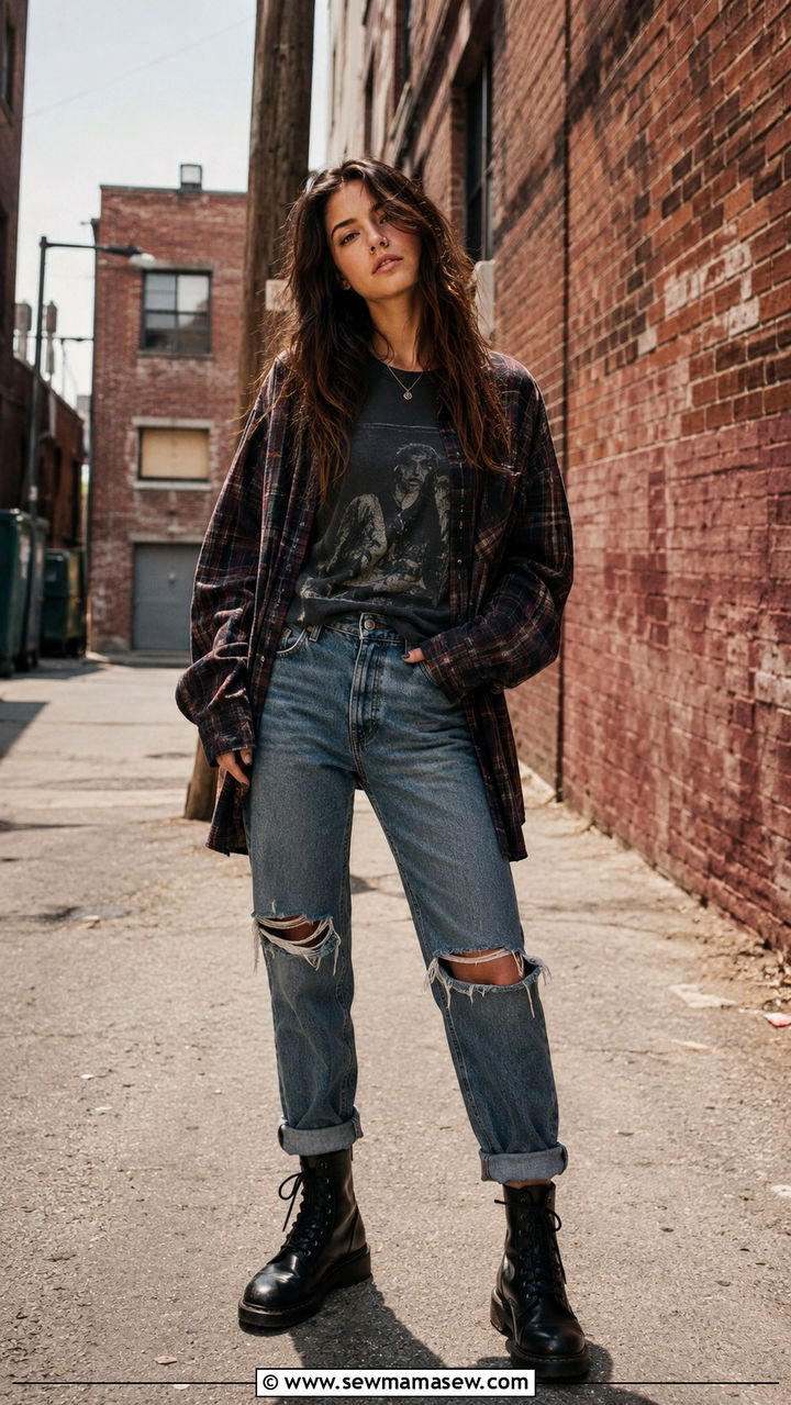 Grunge Flannel Shirt With Ripped Jeans and Combat Boots - 25 90s outfits aesthetic