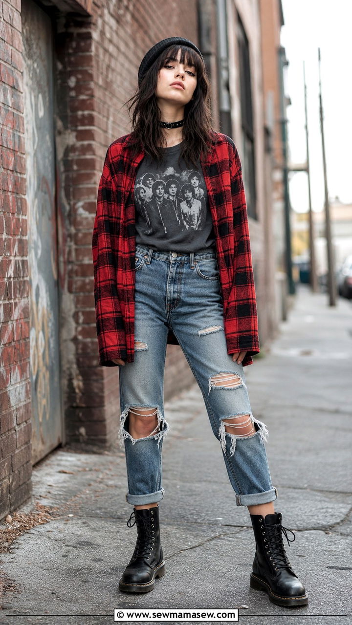 Grunge Flannel Shirt and Ripped Jeans Concert Outfit - 40 Concert outfit ideas