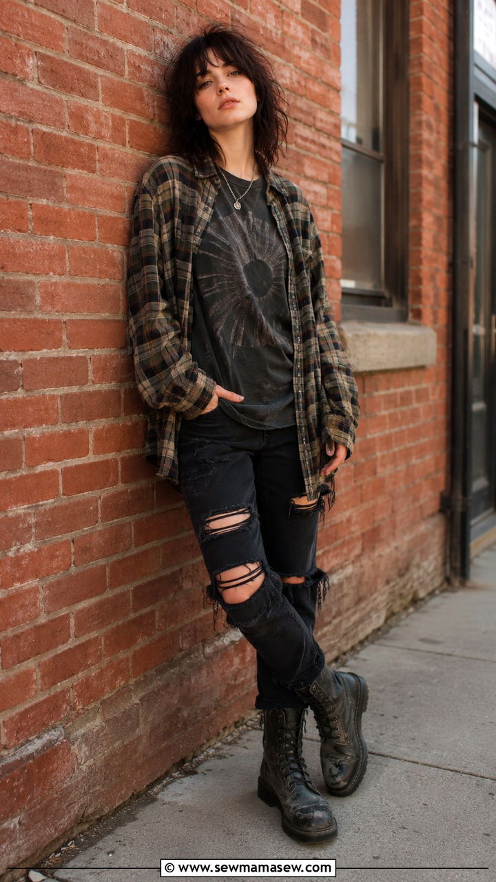 Grunge Flannel and Band Tee Outfit - 30 edgy outfit ideas for women