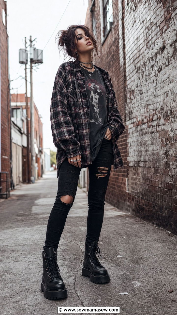 Grunge Flannel and Ripped Jeans Outfit - 35 aesthetic outfits ideas
