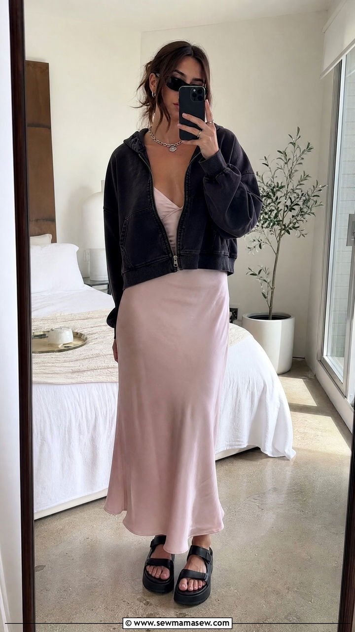 Grunge Hoodie Layered Over Pink Slip Dress - 30 summer grunge outfits