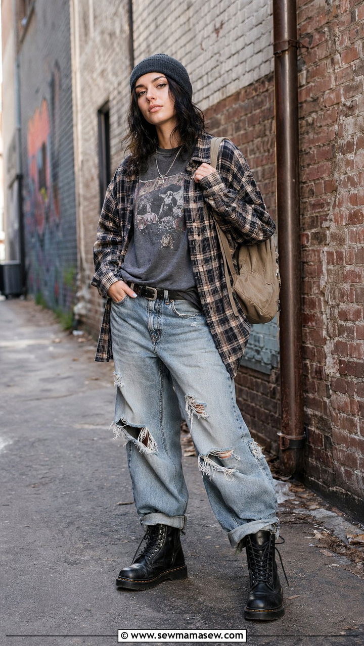 Grunge Oversized Flannel and Distressed Baggy Jeans Outfit - 35 aesthetic outfits