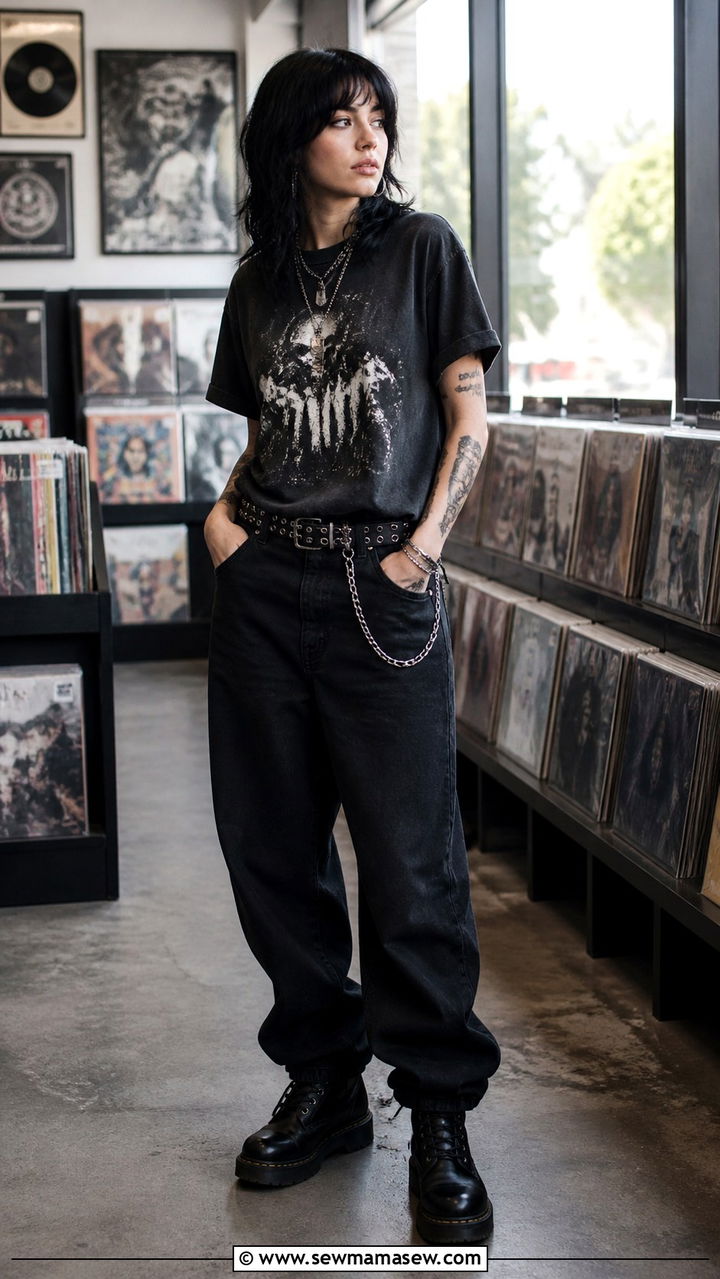 Grunge goth graphic band tee with baggy black jeans and layered chains - 40 Gothic outfit ideas