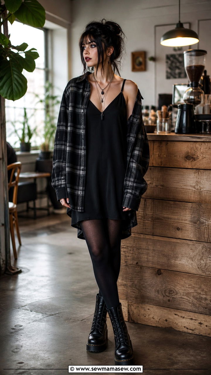 Grunge goth oversized flannel shirt with black slip dress and combat boots - 40 Gothic outfit ideas