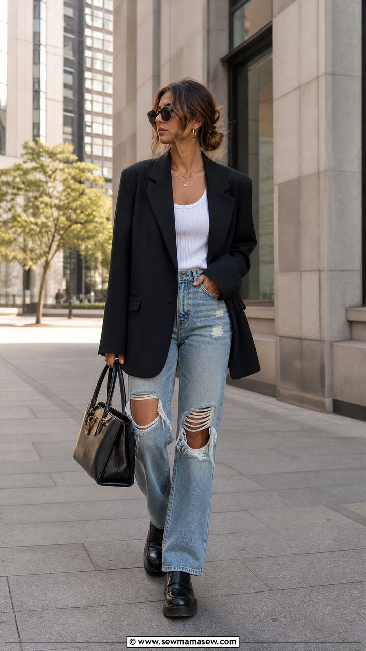 Grunge prep blazer with ripped jeans - 25 grunge outfits 2026