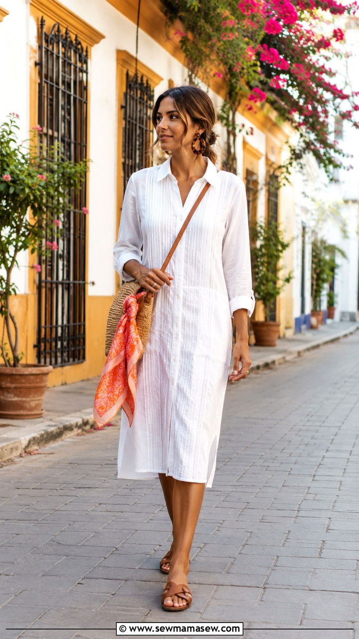 Guayabera Dress with Leather Sandals - 30 Resort wear outfit ideas Mexico