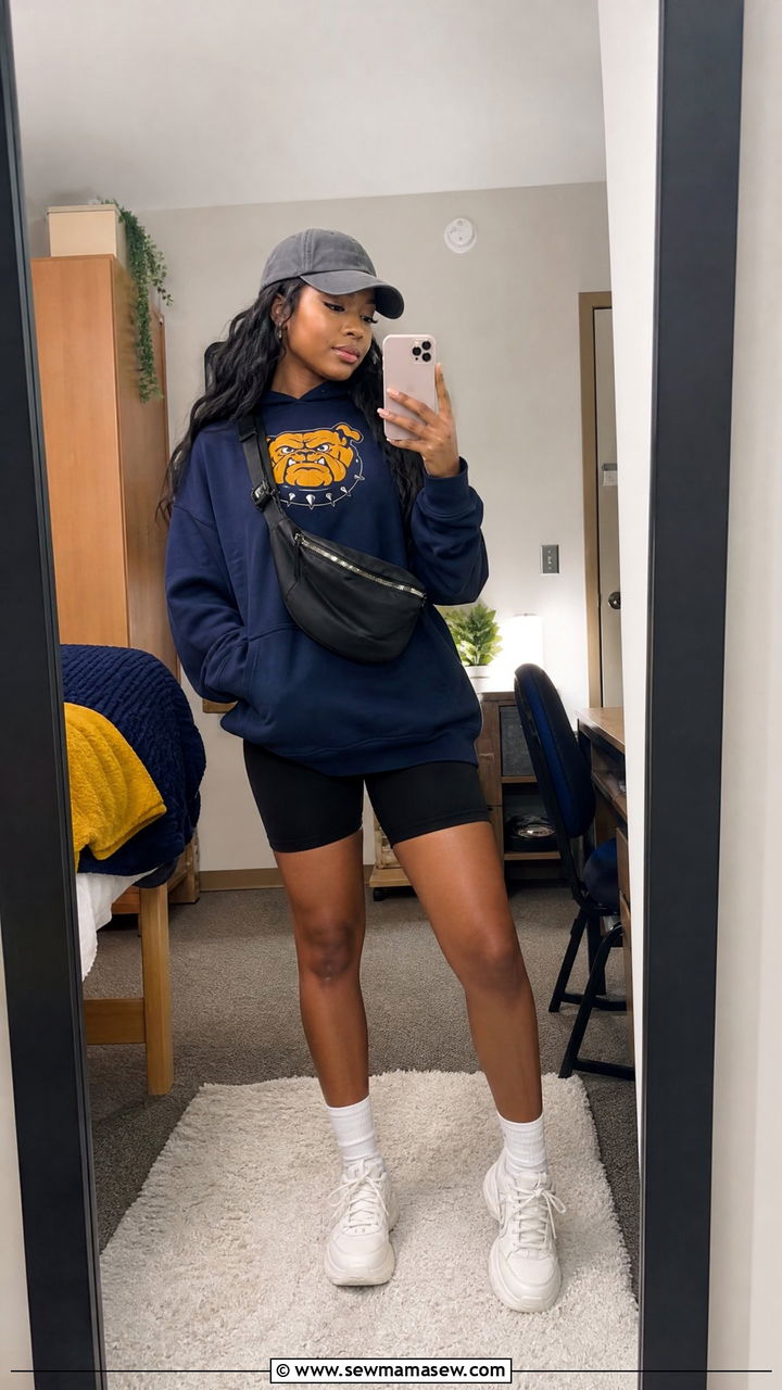 HBCU hoodie outfit with biker shorts - 25 Gameday outfit ideas HBCU