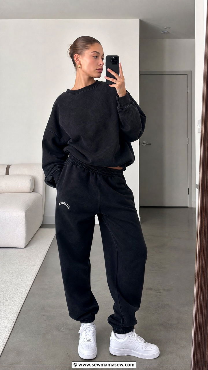 Hailey Bieber Black Sweatshirt and Sweatpants Outfit - 25 Hailey Bieber loungewear outfit ideas