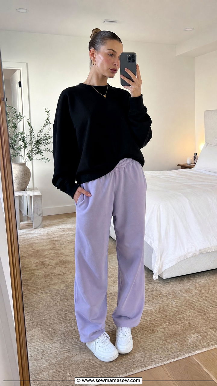 Hailey Bieber Crewneck and Purple Sweatpants Outfit - 25 Hailey Bieber loungewear outfit ideas