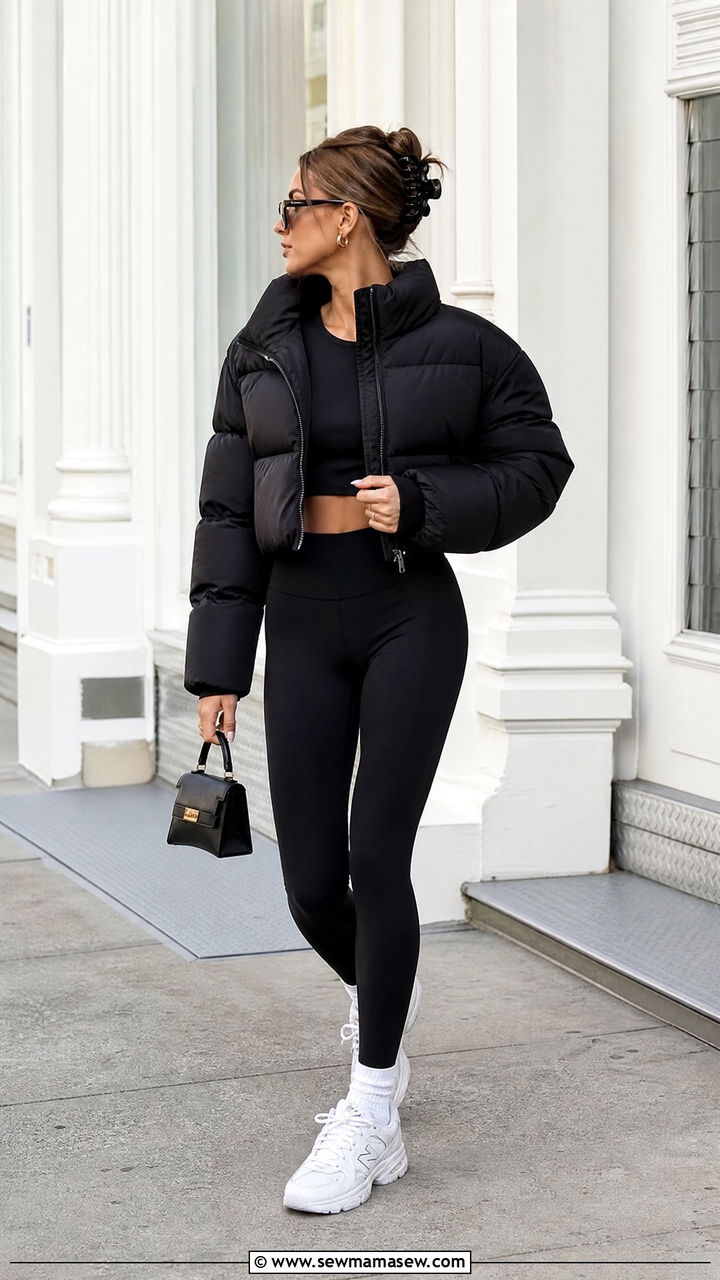 Hailey Bieber Cropped Puffer and Leggings Outfit - 25 Hailey Bieber loungewear outfit ideas
