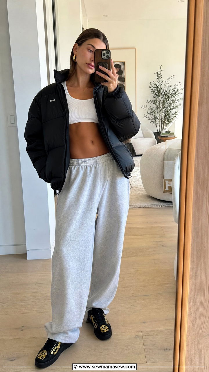 Hailey Bieber Cropped Tank and Baggy Sweatpants Outfit - 25 Hailey Bieber loungewear outfit ideas