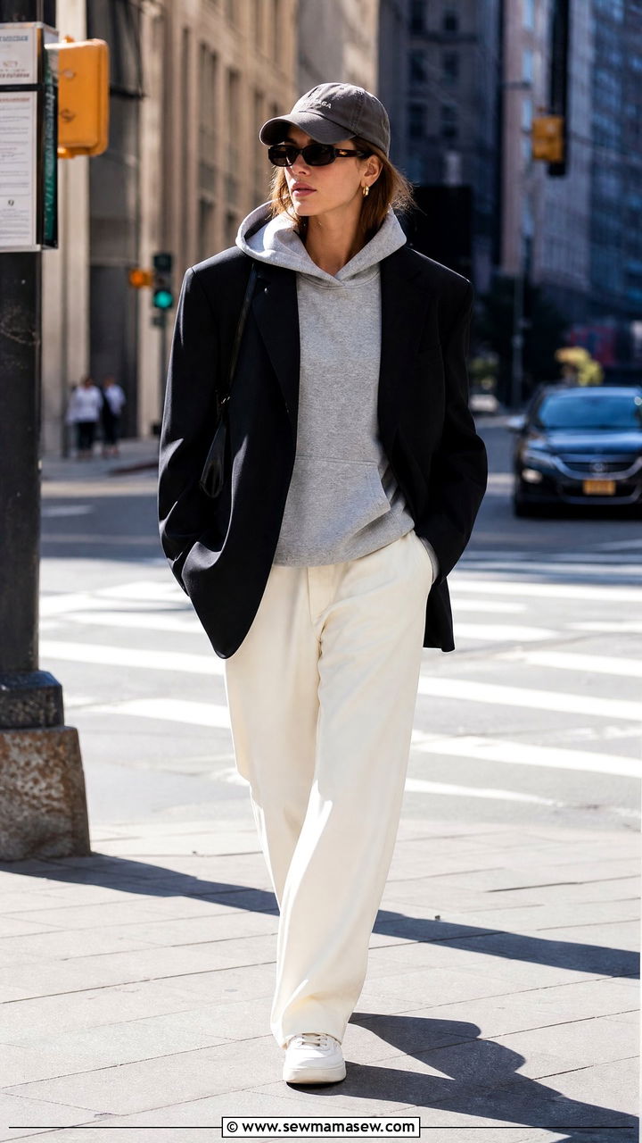 Hailey Bieber Grey Hoodie and Blazer Outfit - 25 Hailey Bieber loungewear outfit ideas