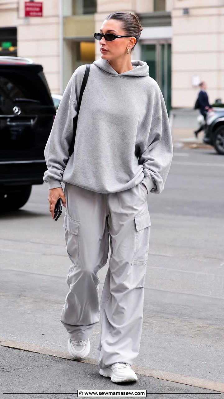 Hailey Bieber Grey Hoodie and Cargo Pants Outfit - 25 Hailey Bieber loungewear outfit ideas