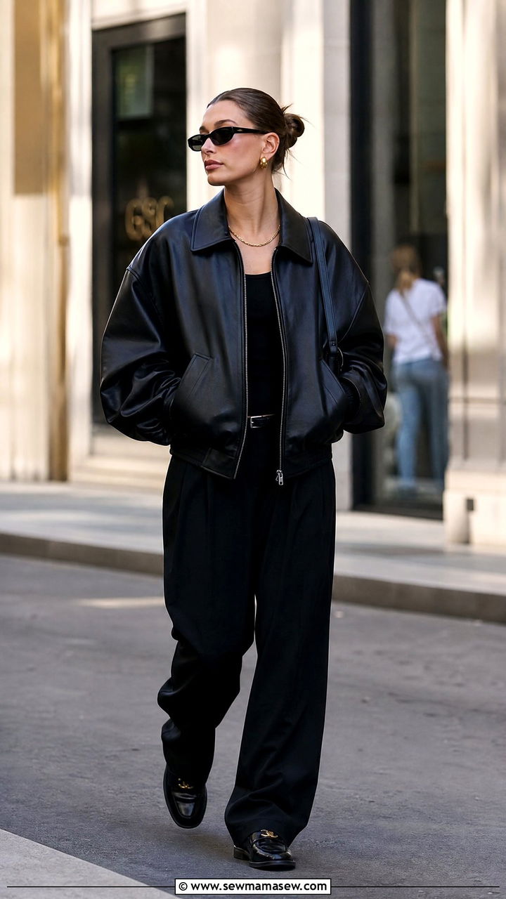 Hailey Bieber Leather Bomber and Trousers Outfit - 25 Hailey Bieber loungewear outfit ideas