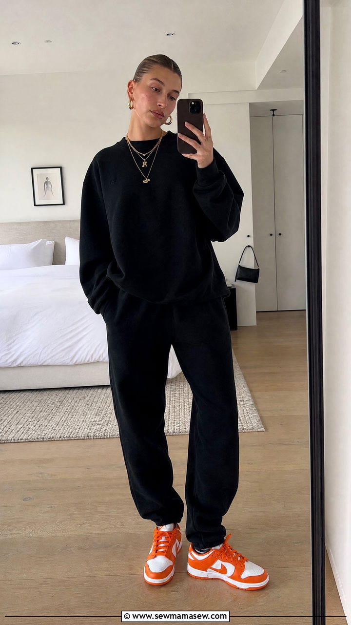 Hailey Bieber Matching Crewneck and Sweatpants with Dunks - 25 Hailey Bieber loungewear outfit ideas