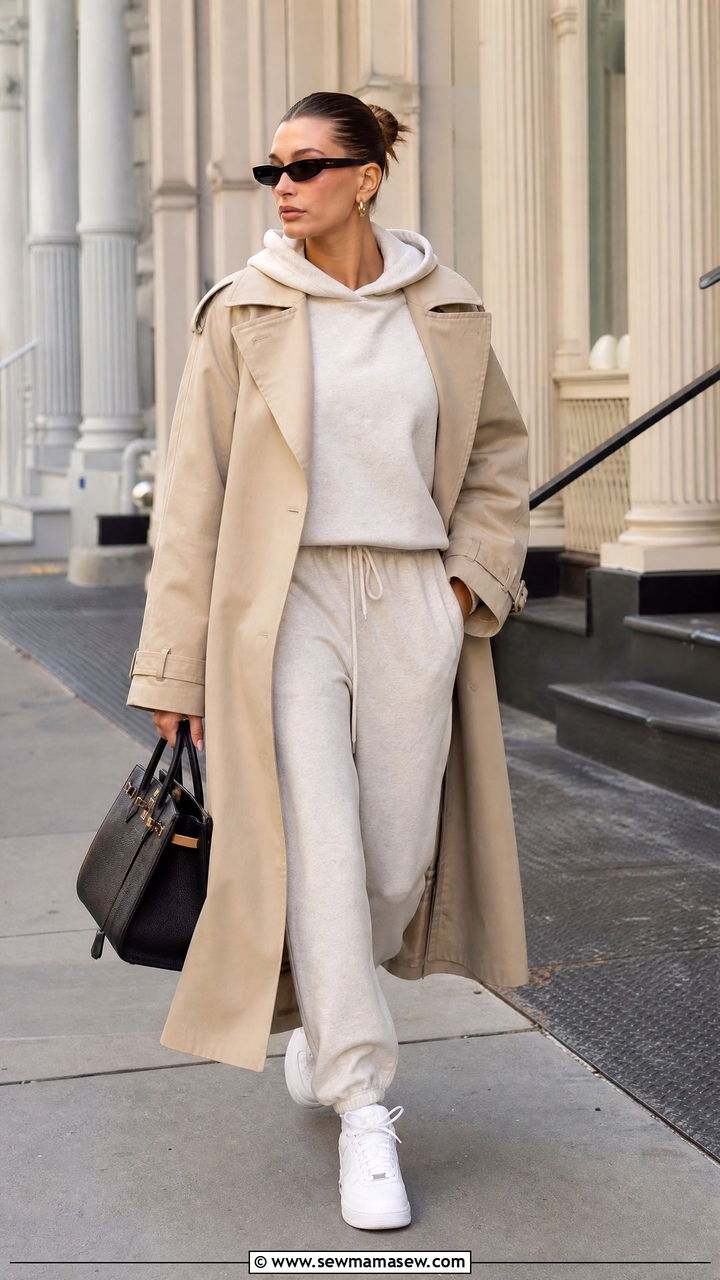 Hailey Bieber Matching Sweat Set and Trench Coat - 25 Hailey Bieber loungewear outfit ideas