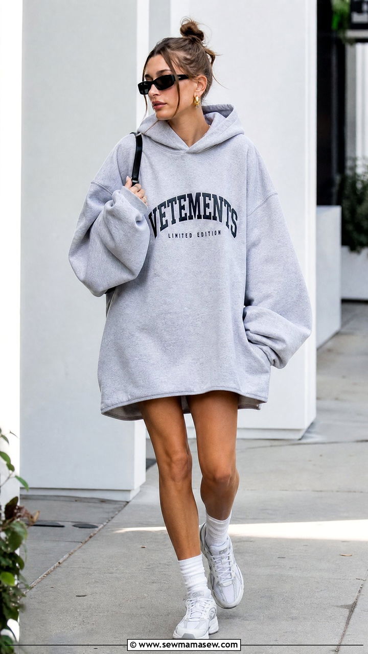 Hailey Bieber Oversized Hoodie as Dress Outfit - 25 Hailey Bieber loungewear outfit ideas