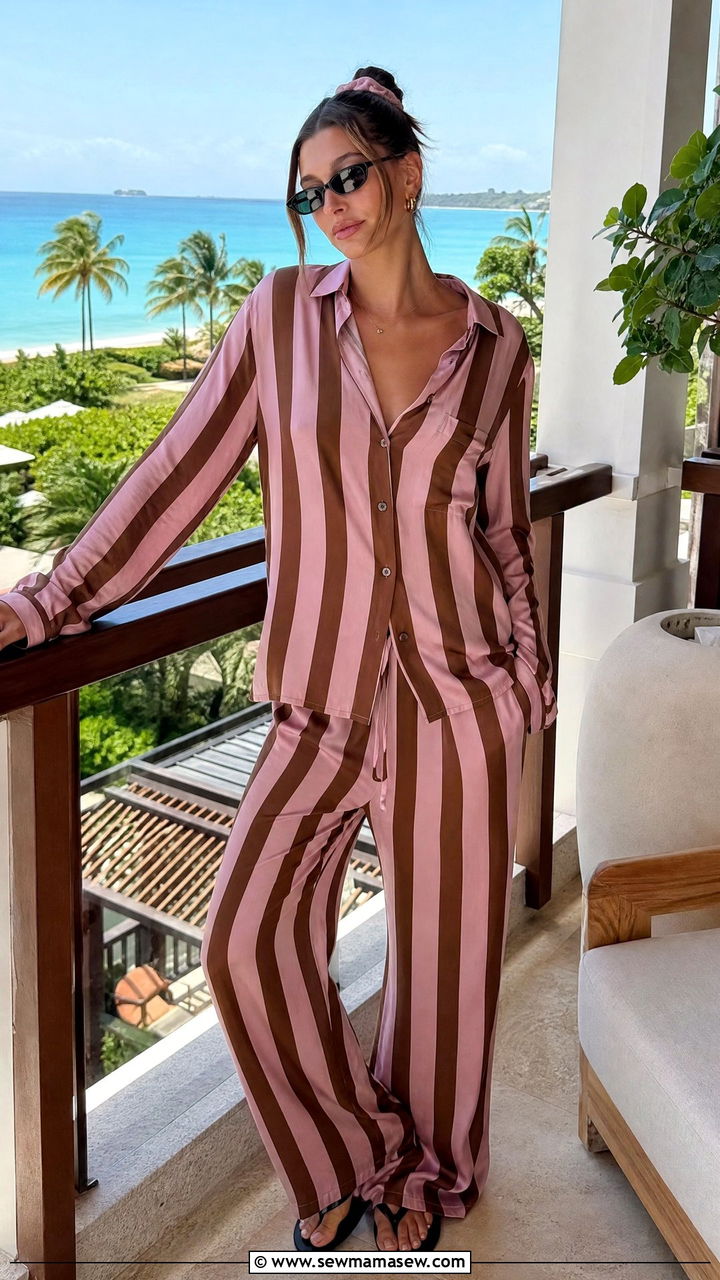 Hailey Bieber Striped Loungewear Set for Vacation - 25 Hailey Bieber loungewear outfit ideas