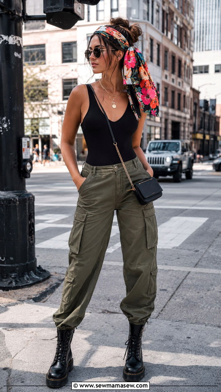 Hair Scarf With Bodysuit And Cargo Pants Outfit - 30 hair scarf outfit ideas