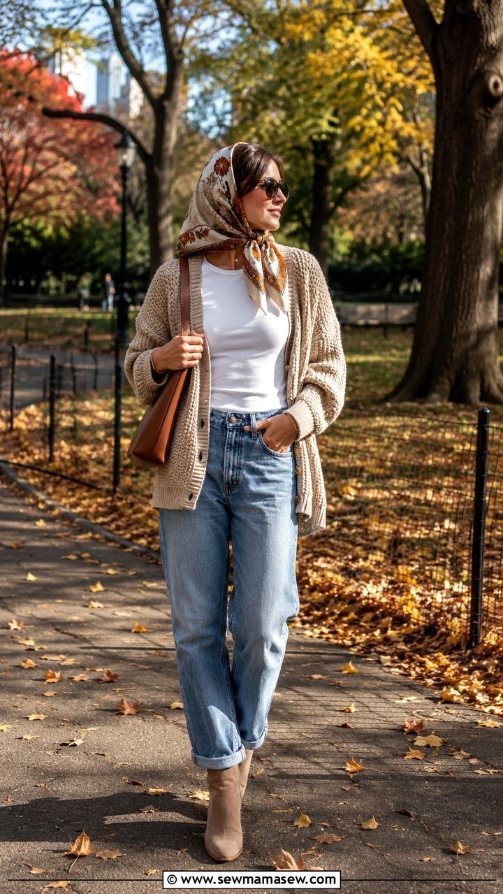 Hair Scarf With Cardigan And Jeans Outfit - 30 hair scarf outfit ideas