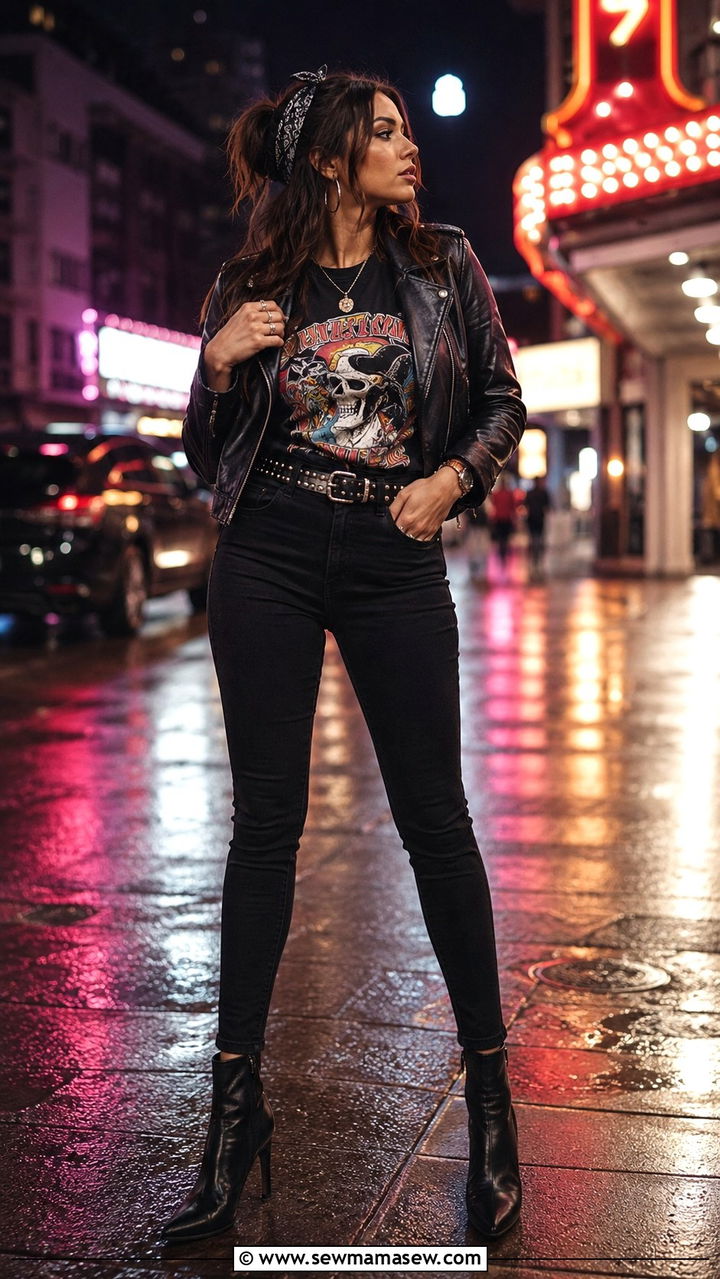 Hair Scarf With Graphic Tee And Biker Jacket Outfit - 30 hair scarf outfit ideas