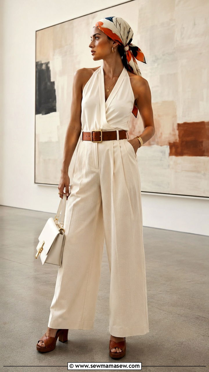 Hair Scarf With Halter Top And Wide Leg Pants Outfit - 30 hair scarf outfit ideas