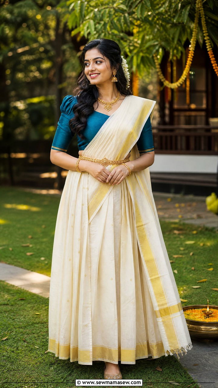 Half Saree Fusion With Kasavu Dupatta - 25 Kerala outfit ideas